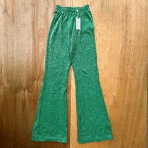 FRANKIES BIKINIS JOHNSON TERRY LUREX PANT WOMEN’S sz S Green High Rise Flare NWT